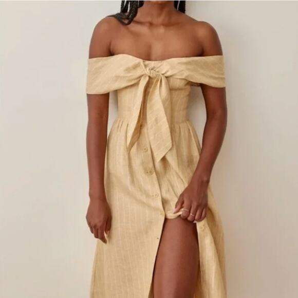 REFORMATION Barrington Linen Striped Button Front Midi Dress Sz 0 {T17} - Picture 2 of 6